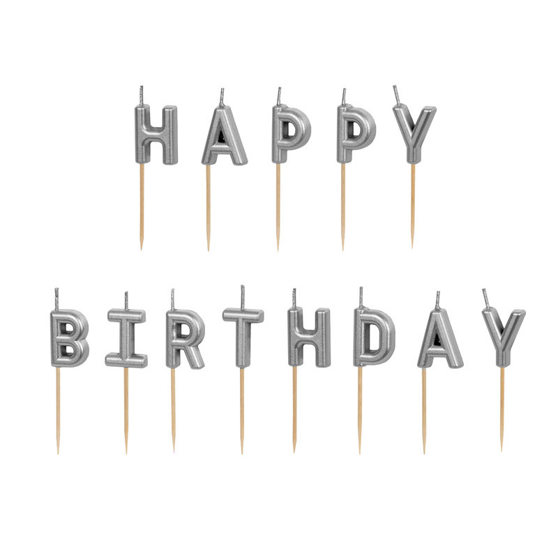 Świeczki urodzinowe Happy Birthday, 2.5 cm, srebrny (1 op. / 13 szt.)