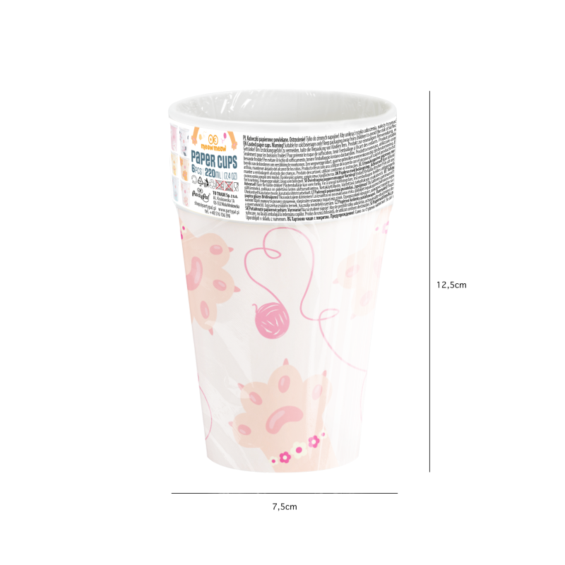 KUBECZKI KOTKI Urodzinowe 220ml 6szt zestaw Kubki Kolorowe Koty Łapki
