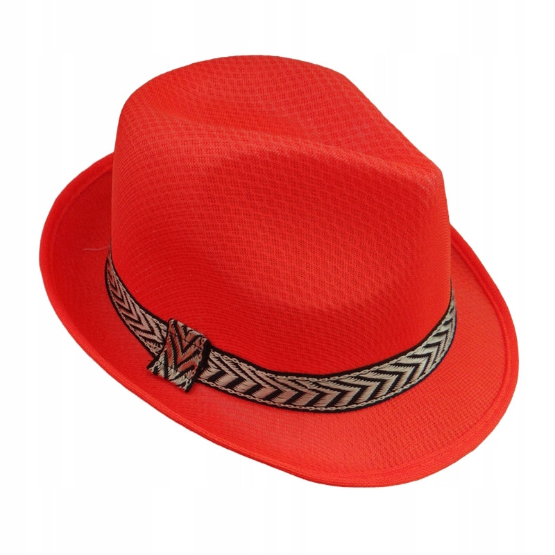 Kapelusz FEDORA CZERWONY ze złotą lamówką letni