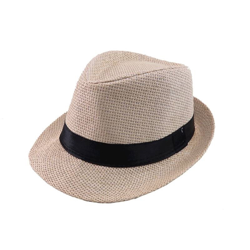 Kapelusz FEDORA dzięcięcy Słomkowy BEŻOWY z czarną lamówką na lato
