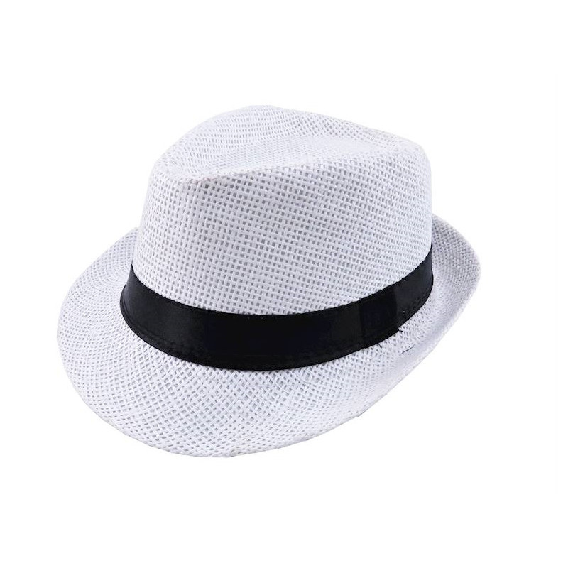 Kapelusz FEDORA dzięcięcy Słomkowy pleciony BIAŁY z czarną lamówką na lato