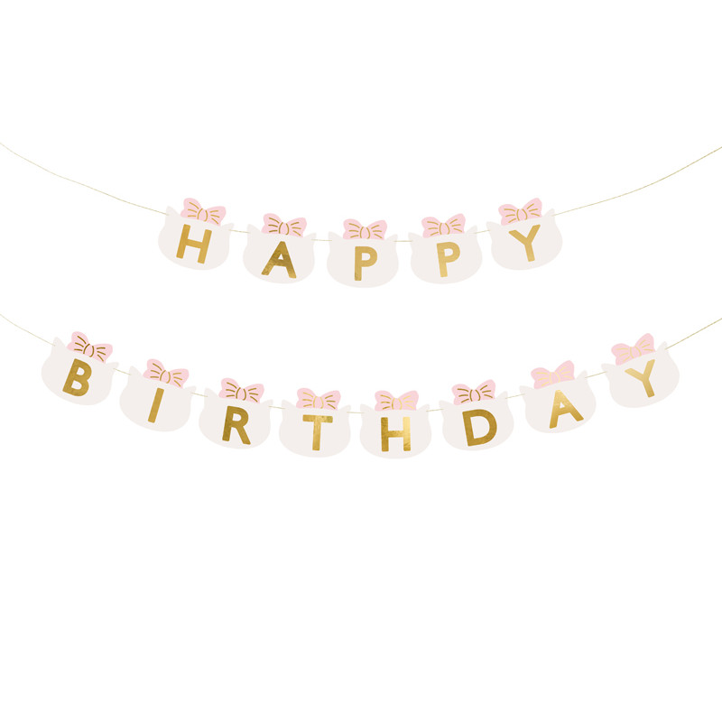 BANER URODZINOWY Happy Birthday KOTKI Kot Kotek Różowy napis Girlanda z kokardkami