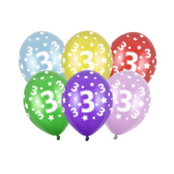 Balony 30cm, 3 URODZINY, Metallic Mix (1 op. / 6 szt.)
