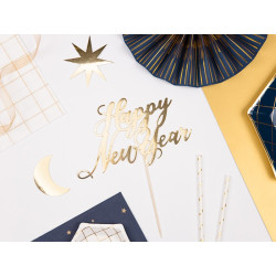 Topper na tort Happy New Year, złoty, 24cm