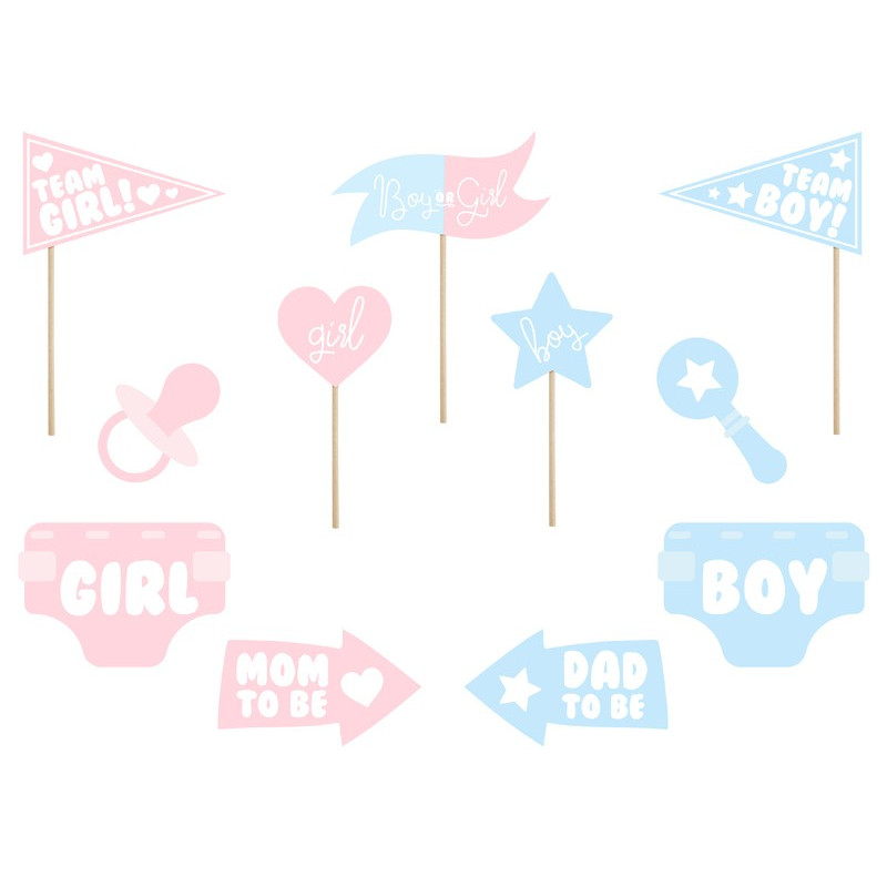 Gadżety do zdjęć Gender reveal party, mix (1 op. / 11 szt.)
