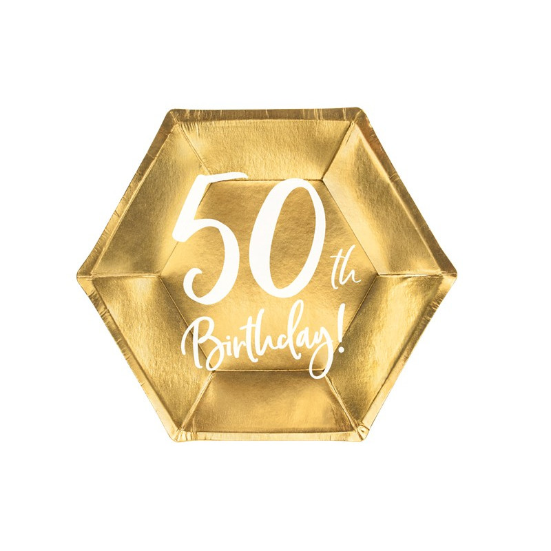 Talerzyki 50th Birthday, złoty, 20cm (1 op. / 6 szt.)