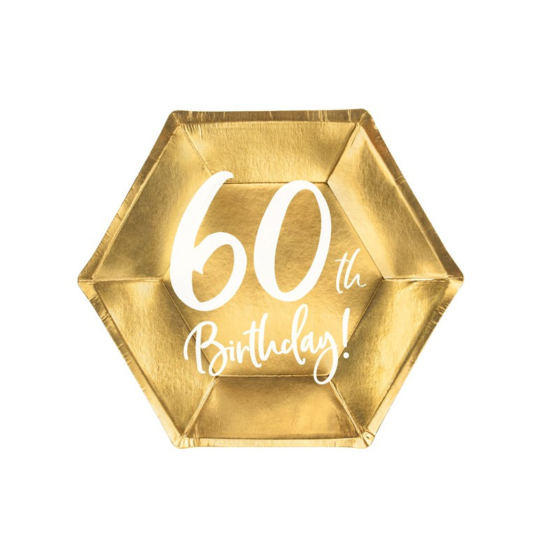 Talerzyki 60th Birthday, złoty, 20cm (1 op. / 6 szt.)