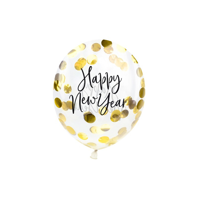 Balony z konfetti - Happy New Year, 27cm, złoty (1 op. / 3 szt.)