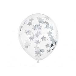 Balony z konfetti - gwiazdki, 30cm, srebrny (1 op. / 6 szt.)