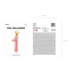 Balon foliowy Cyfra ''1'', 37x100 cm, jasny różowy