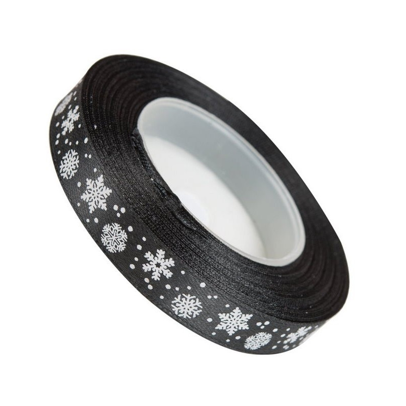 Wstążka ŚWIĄTECZNA Czarna Śnieżynki 12mm
