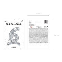Stojący balon foliowy Cyfra ''6'', 70cm, srebrny
