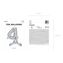 Stojący balon foliowy Cyfra ''4'', 70cm, srebrny