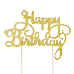 Topper na tort Happy Birthday złoty brokatowy
