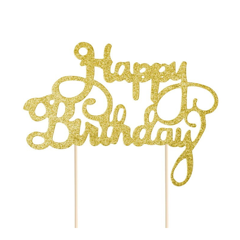 Topper na tort Happy Birthday złoty brokatowy
