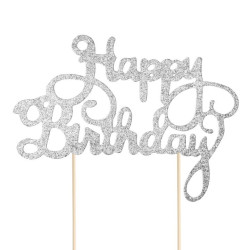 Topper na tort Happy Birthday srebrny brokatowy