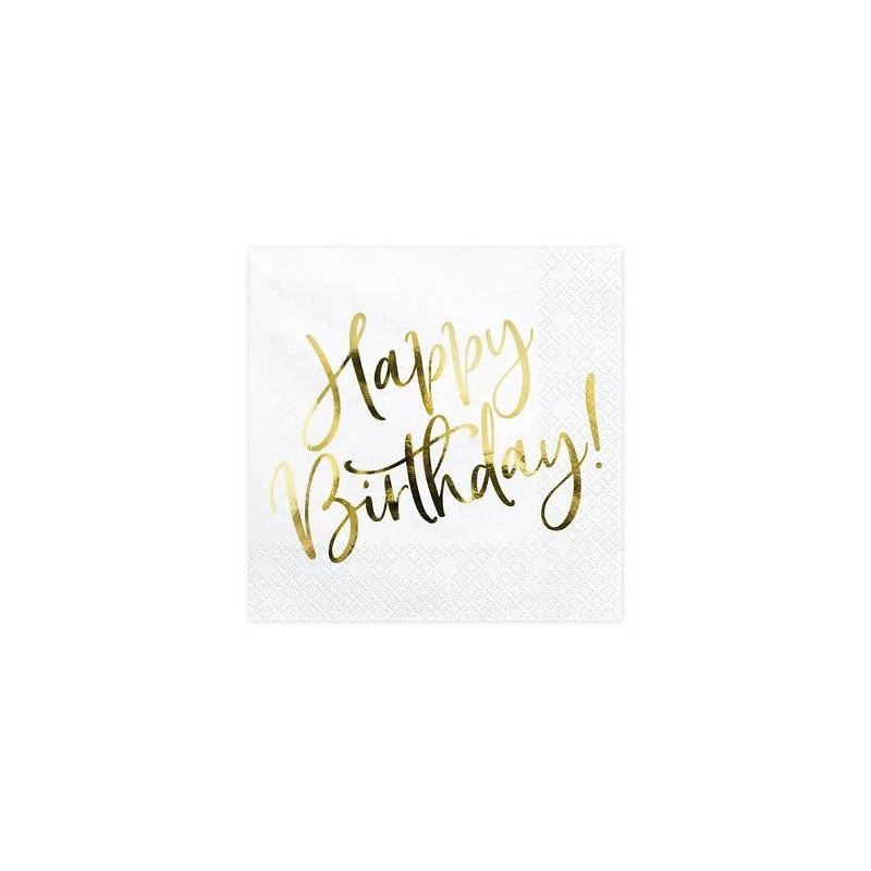 Serwetki Happy Birthday biały ze złotym metalizowanym napisem 33x33cm