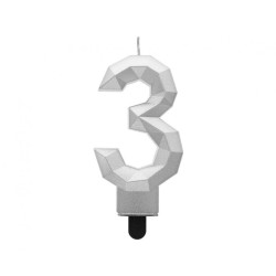 Świeczka na tort cyfra 3 srebrna DIAMENT 7.6 cm