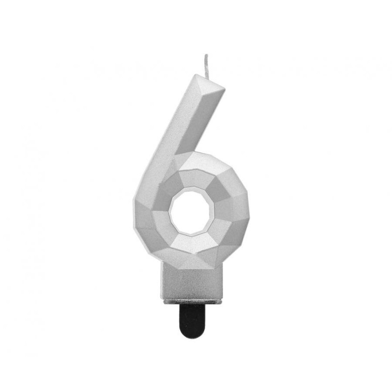 Świeczka na tort cyfra 6 srebrna DIAMENT 7.6 cm