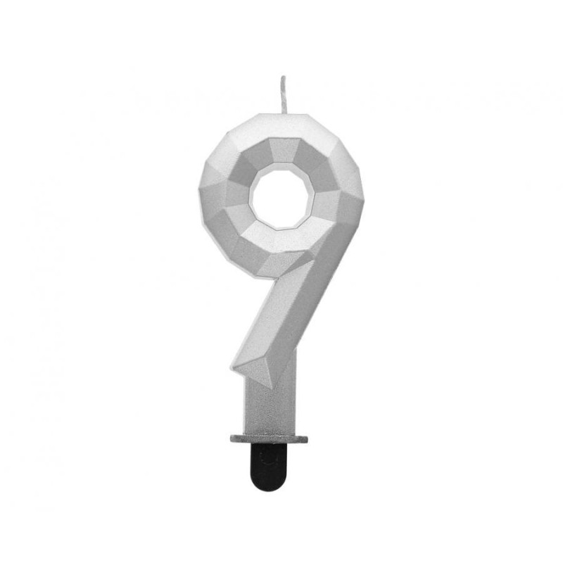 Świeczka na tort cyfra 9 srebrna DIAMENT 7.6 cm