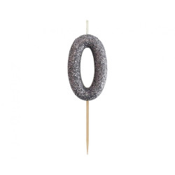 Świeczka na tort cyfra 0 brokatowa Czarna 11x3.5 cm