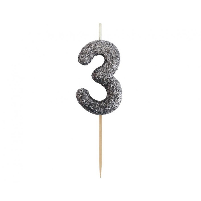 Świeczka na tort cyfra 3 brokatowa Czarna 11x3.5 cm