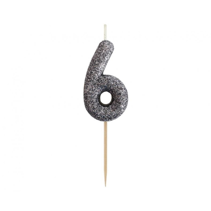 Świeczka na tort cyfra 6 brokatowa Czarna 11x3.5 cm