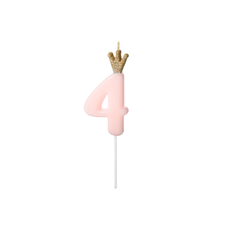 Świeczka urodzinowa cyfra 4 z koroną, różowa 9,5cm