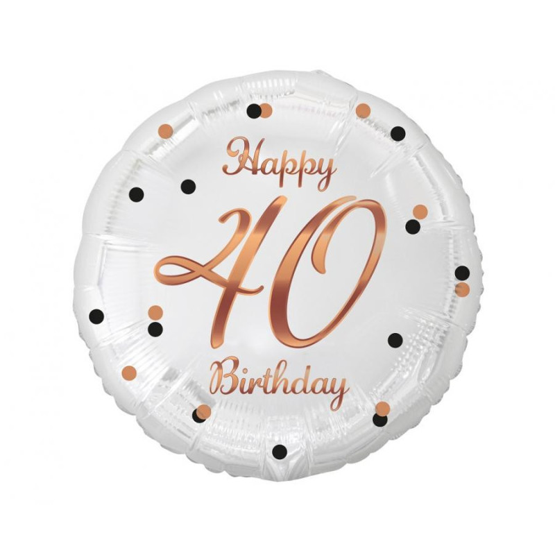 Balon foliowy Happy 40 Birthday biały, nadruk różowe złoto 18" B&C