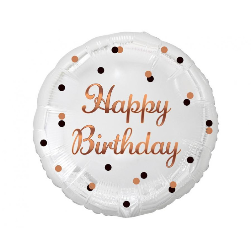 Balon foliowy Happy Birthday biały, nadruk różowe złoto 18" B&C