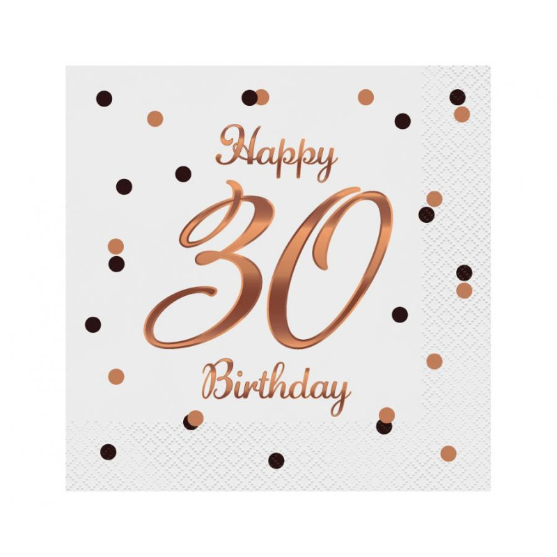 Serwetki Happy 30 Birthday białe, nadruk różowo-złoty 33x33 cm/ 20 szt B&C
