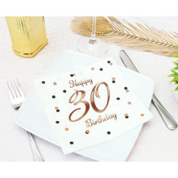 Serwetki Happy 30 Birthday białe, nadruk różowo-złoty 33x33 cm/ 20 szt B&C