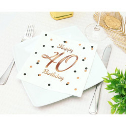 Serwetki Happy 40 Birthday białe, nadruk różowo-złoty 33x33 cm/ 20 szt B&C