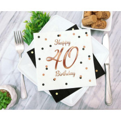 Serwetki Happy 40 Birthday białe, nadruk różowo-złoty 33x33 cm/ 20 szt B&C