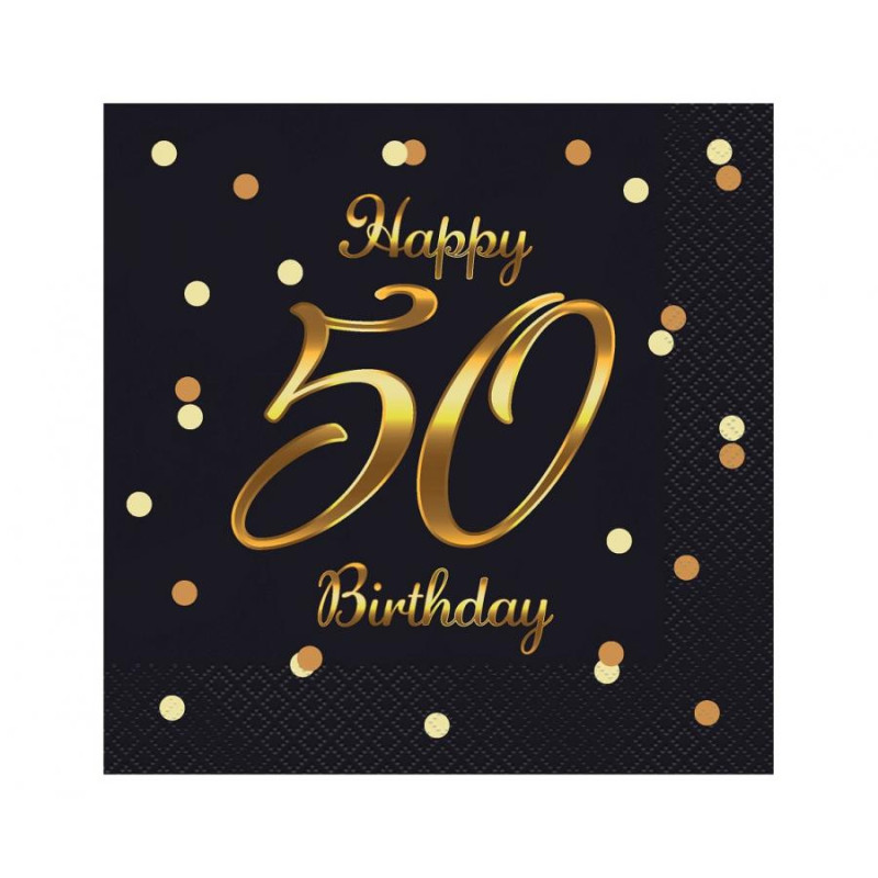 Serwetki Happy 50 Birthday czarne, nadruk złoty 33x33 cm/ 20 szt B&C