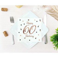 Serwetki Happy 60 Birthday białe, nadruk różowo-złoty 33x33 cm/ 20 szt  B&C