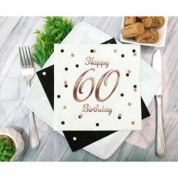 Serwetki Happy 60 Birthday białe, nadruk różowo-złoty 33x33 cm/ 20 szt  B&C