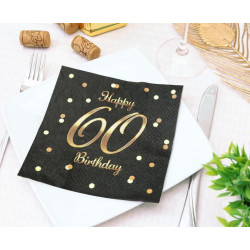 Serwetki Happy 60 Birthday czarne, nadruk złoty 33x33 cm/ 20 szt B&C
