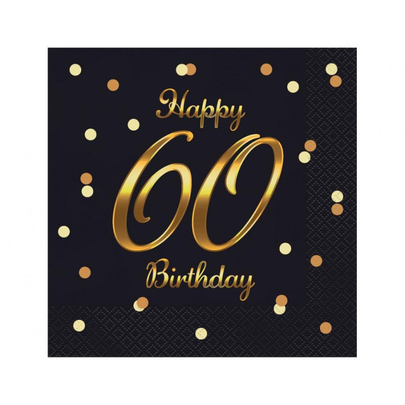 Serwetki Happy 60 Birthday czarne, nadruk złoty 33x33 cm/ 20 szt B&C