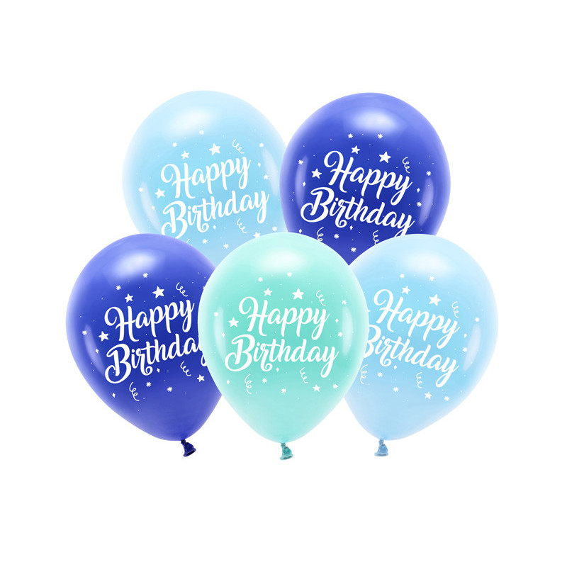 Balony Eco 26 cm, Happy Birthday, niebieski (1 op. / 5 szt.)