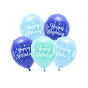 Balony Eco 26 cm, Happy Birthday, niebieski (1 op. / 5 szt.)