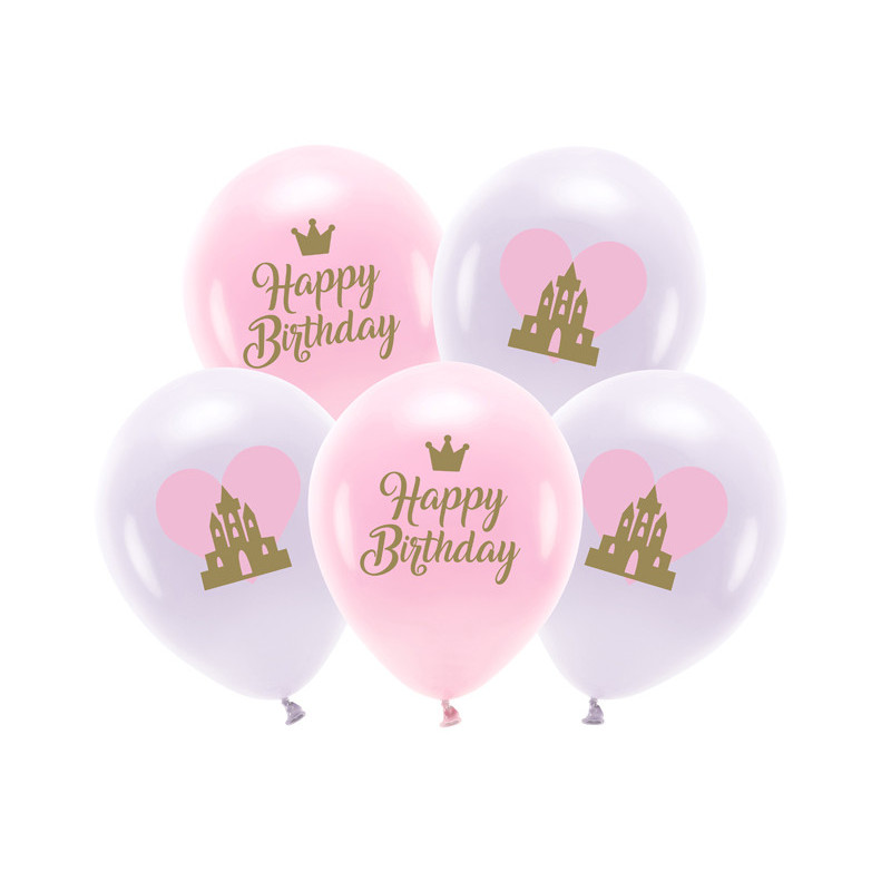 Balony Eco 33 cm, Happy Birthday, mix (1 op. / 5 szt.)